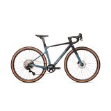 Avalanche Roam 2027 grey-blue and gloss-charcoal carbon gravel bike, drive-side profile on white